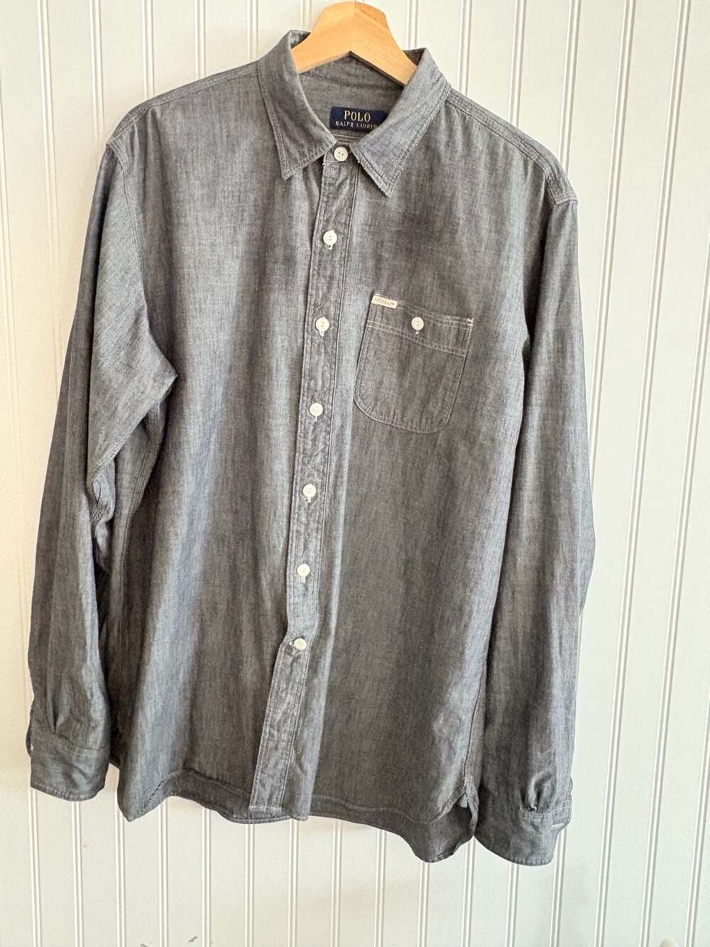 Workwear Polo Ralph Lauren Grey Cotton Chambray Long Sleeve Work Shirt Size L